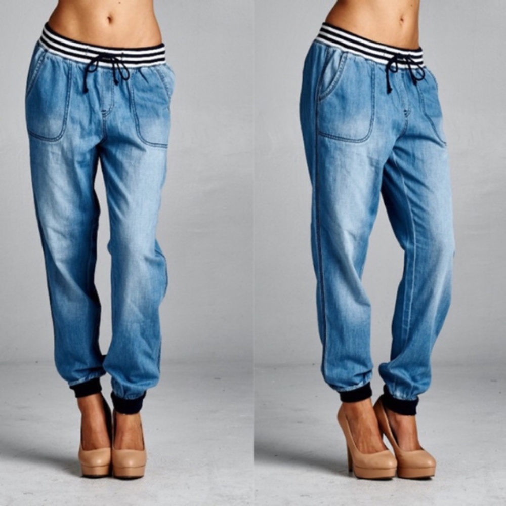 Striped blue striped waist denim look Jogger Pants - Picture 1 of 2